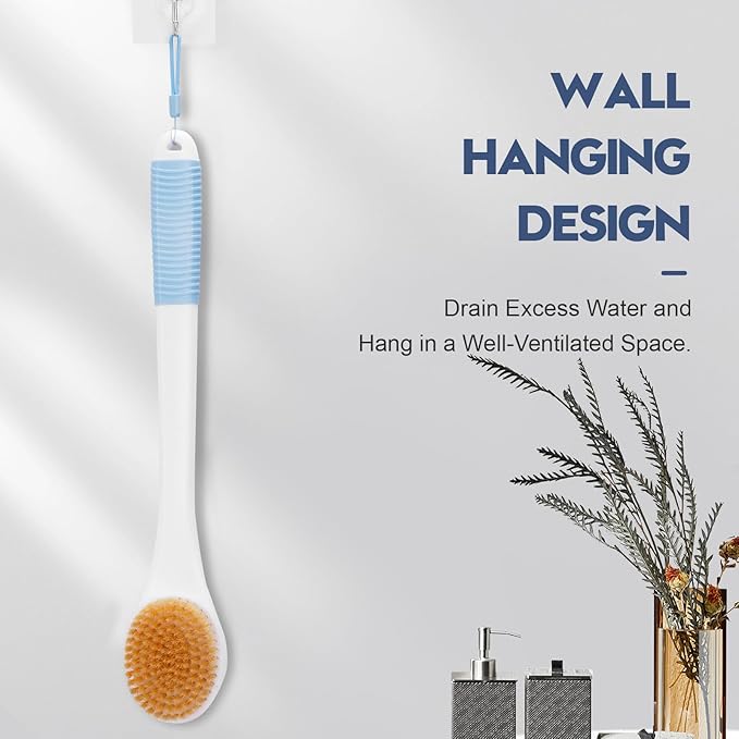 Back Scrubber for Shower, Shower Body Brush for Cleaning with Long Handle for Showering, 17 Inch Back Washer Exfoliator for Shower Men Women with Non-Slip Handle, Adhesive Hook (Lake Blue)