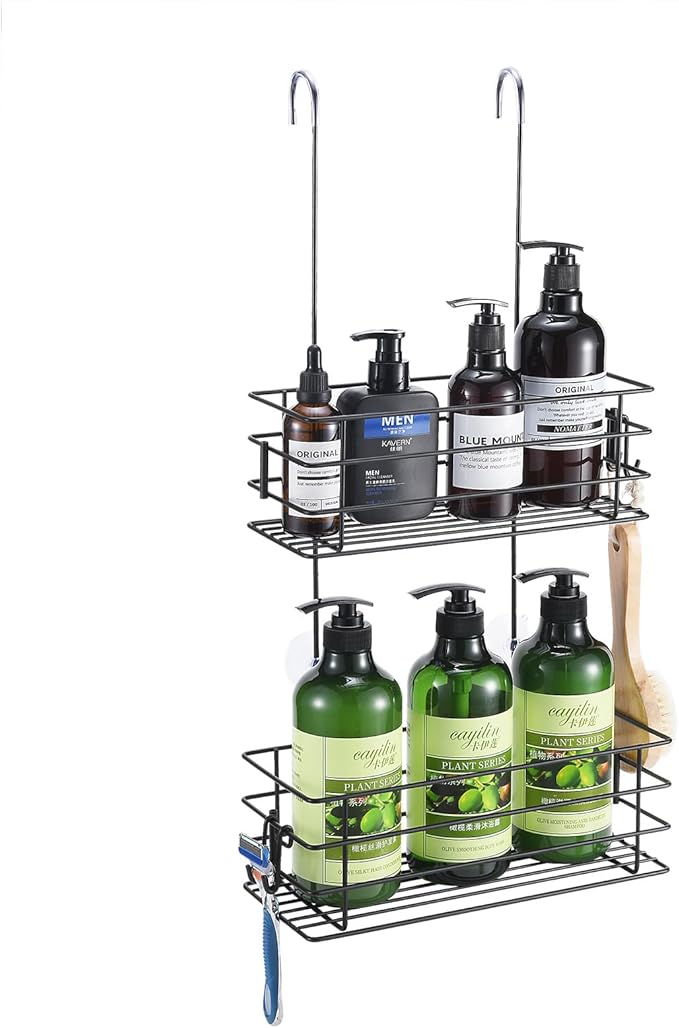 Shower Organizer Hanging Shower Caddy with Rotatable Hook bar Over the Door and Can be Hung on the Faucet or Claw Foot, Stainless Steel Rust Proof and Durable （Black）