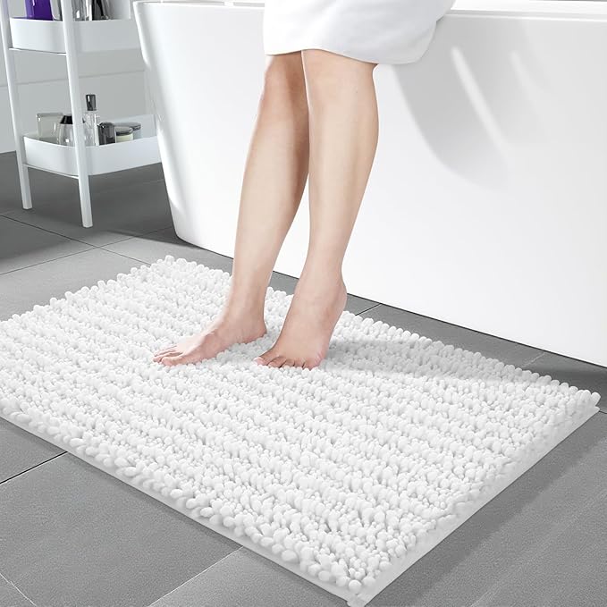Yimobra Long Bathroom Rugs Non Slip Washable 44x24 Inch - Ultra Soft Absorbent Chenille Bath Mat, Quick Dry Shaggy Floor Carpet for Tub Shower, White Home Decor Accessories