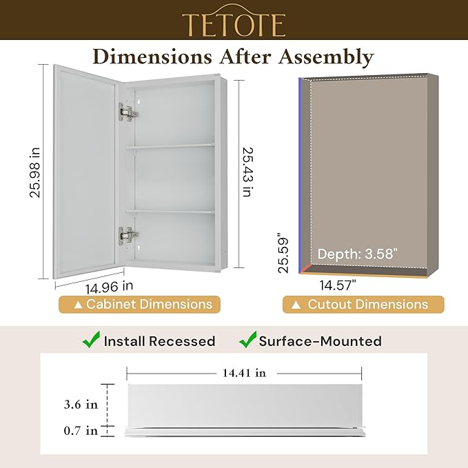 TETOTE 15 x 26 Mirrored Medicine Cabinets for Bathroom with Tempered Beveled Mirror White Medicine Cabinet Aluminum Cabinet DTC Hinges, Stepless Adjustable Shelves, Recessed/Surface-Mounted