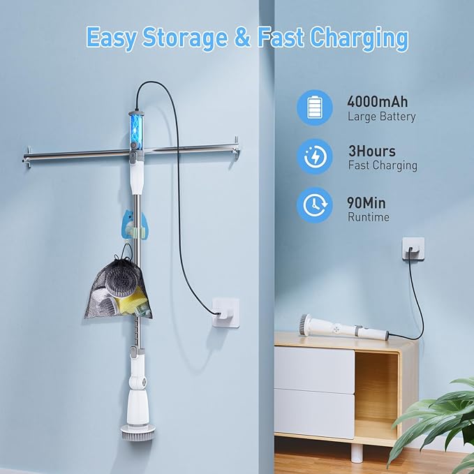 Marchpower Electric Spin Scrubber, Power Shower Scrubber Cordless Cleaning Brush 6 Replaceable Brush Heads, 2 Speeds, Adjustable Detachable Handle, IPX7 Waterproof Bathroom Scrubber Tub Tile Floor