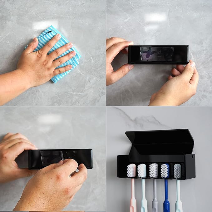 5 Slots Wall Mount Toothbrush Holder with Cover, Self Adhesive Toothbrush Storage Organizer for Shower, Toothbrush Hanger for Bathroom, Medicine Cabinet, Dorm (Black)
