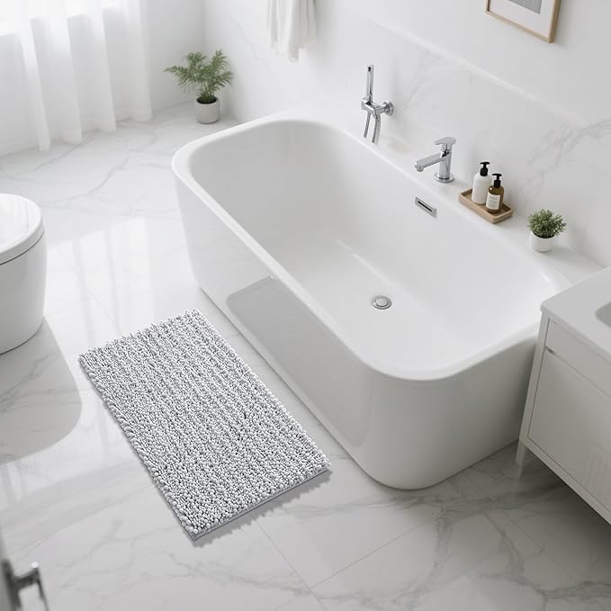 Yimobra Large Bathroom Rugs Non Slip Washable 36x24 Inch - Ultra Soft Absorbent Chenille Bath Mat, Quick Dry Shaggy Floor Carpet for Tub Shower, Silver Home Decor Accessories
