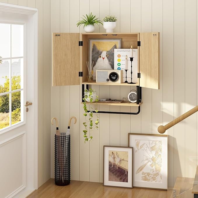 RUSTOWN Fluted Bathroom Wall Cabinet with 2 Doors, 3-Tier Modern Farmhouse Medicine Cabinet, Over The Toilet Storage Cabinet with Adjustable Shelf and Towel Bar (Natural, Medium)