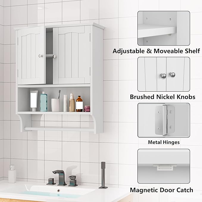 Bathroom Cabinet, White Bathroom Wall Cabinet with 2 Doors and Adjustable Shelf, Wall Mount, Towel Rack, Over The Toilet Storage Cabinet, Medicine Cabinet