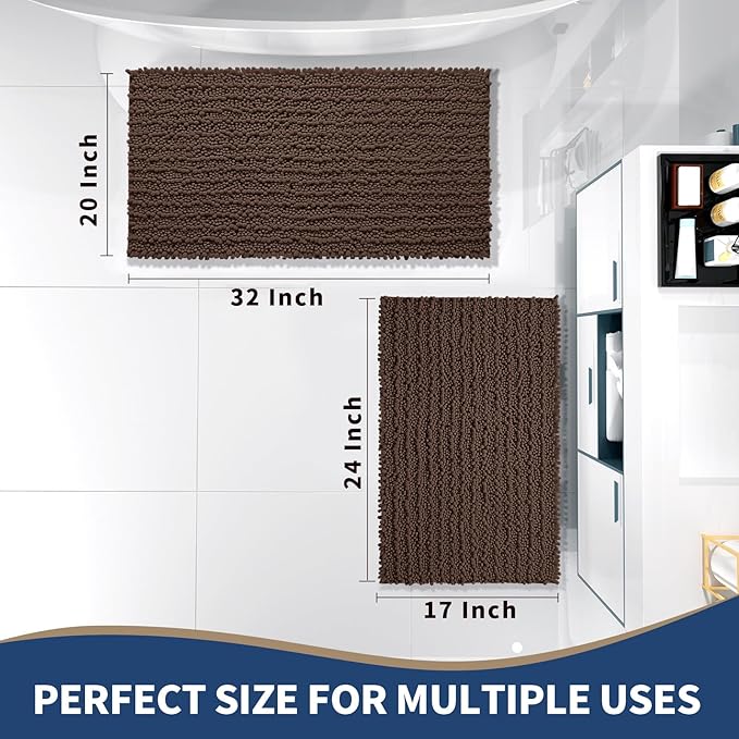 Yimobra Bathroom Rugs Sets 2 Piece - Quick Dry Extra Thick Luxury Chenille Bath Mat, Non Slip Super Absorbent for Tub Shower Sink, Machine Washable Shaggy Floor Mat, 32"x20"+24"x17" Inch, Brown