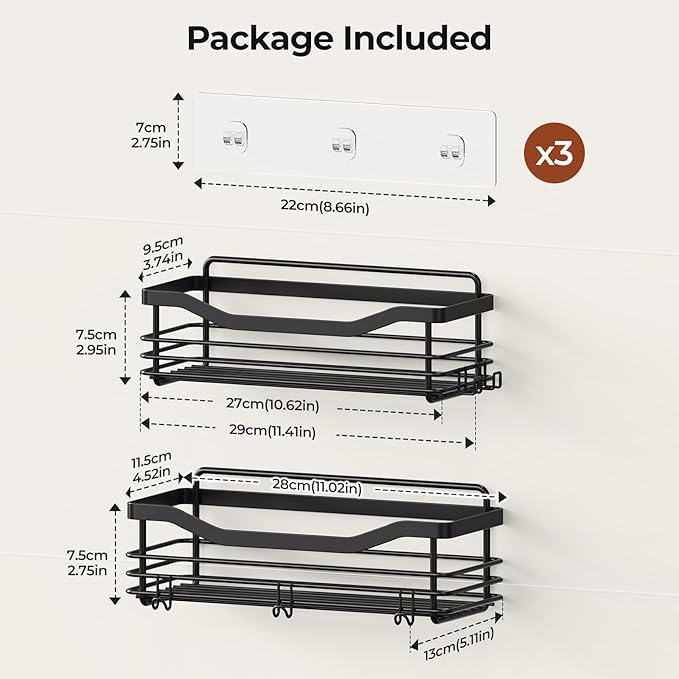 Orimade Shower Caddy Basket Shelf Storage Rack, No Drilling Wall Mounted Adhesive Rust Proof Stainless Steel Shower Organizer with 5 Hooks for Bathroom, Black 2 Pack