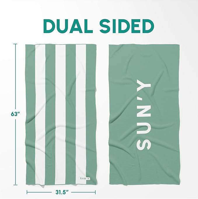 SUN'Y Waffle Microfiber Beach Towel – Sand Free, Quick Dry, Ultra Absorbent, Lightweight & Compact Travel Towel with Carry Bag - Large (63” x 31.5”), Sea Green