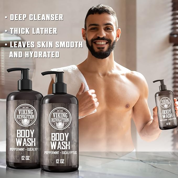 Viking Revolution Men's Body Wash - Eucalyptus Peppermint Body Wash for Men - Mens Natural Body Wash with Vitamin E and Rosemary Oil - Mens Shower Gel Liquid Soap - Peppermint Mens Bodywash (2 Pack)