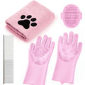 Pet Shower & Bath Supplies，Dog Shampoo Brush Set with Towel, Washing Gloves,Comb for Dogs and Cats (large pink)