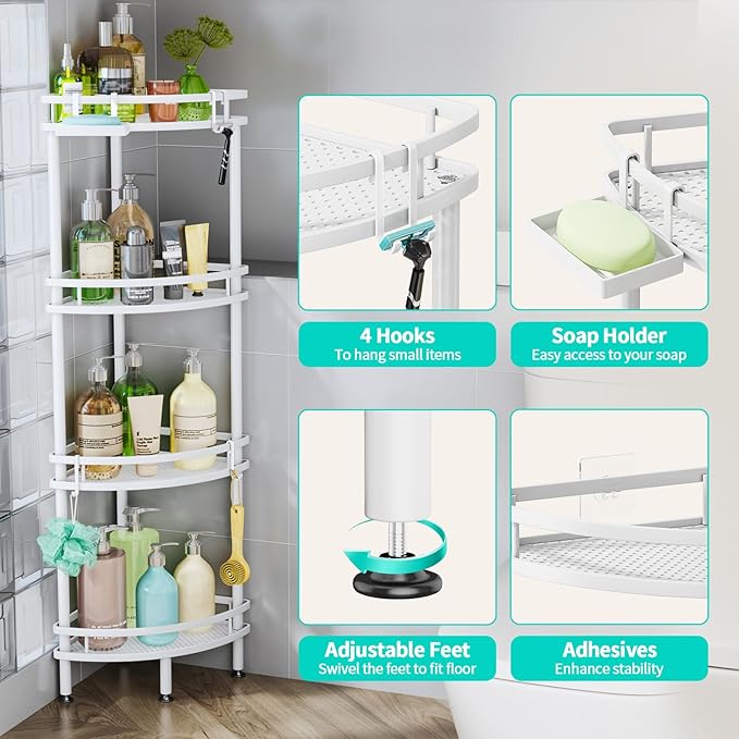 HapiRm Standing Corner Shower Caddy - 4 Tier Shower Organizer Corner with Soap Holder and 4 Hooks, Rustproof Bathroom Storage Shelves with Adhesives, White
