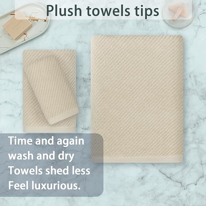 VOOVA & MOVAS Beige Towels for Bathroom - 100% Cotton | Quick Dry | Soft | Thick, 3 Piece Towel Set, 1 Large Bath 30" x 56", 1 Hand 18" x 28",1 Wash Cloth 13" x 13", Bathroom Essentials, Light Tan