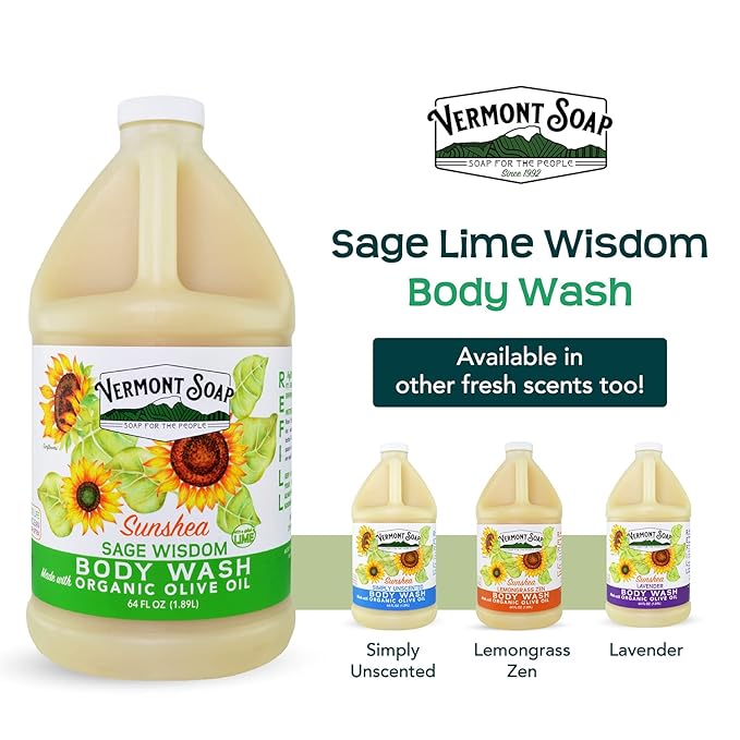 VERMONT SOAP , Natural body wash with Shea Butter, Mild Gel for Moisturizing and Soothing Skin, Fragrance Free for Women & Men (Sage Lime Wisdom, 64oz)
