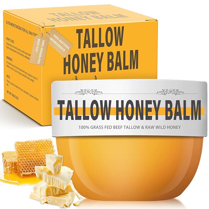Beef Tallow for Skin, Natural Tallow Balm Face & Body Solid Moisturizer with Raw Honey and Beeswax, Grass-Fed Beef Tallow & Raw Wild Honey Blend, Hydrating Body Lotion for Nourishment,100G/3.5OZ (1PC)