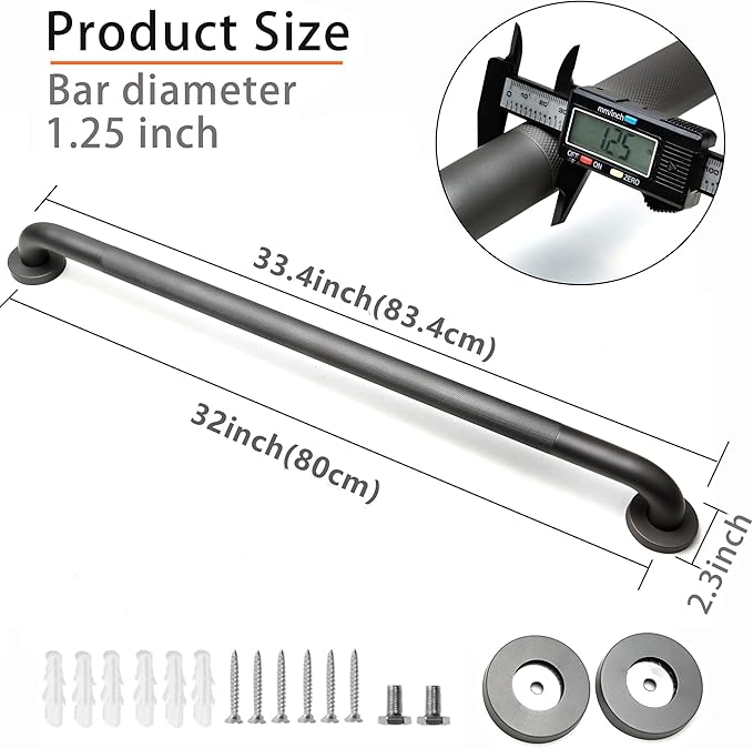 Shower Grab Bar, 2 Pack 32 Inch Gray Bathroom Grab Bar, 1.25" Diameter 304 Stainless Steel Anti-Slip Grab Bars for Bathtubs and Showers, Handicap Shower Grab Bar for Seniors Elderly