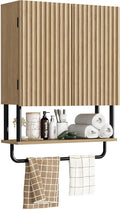 RUSTOWN Fluted Bathroom Wall Cabinet with 2 Doors, 3-Tier Modern Farmhouse Medicine Cabinet, Over The Toilet Storage Cabinet with Adjustable Shelf and Towel Bar (Natural, Medium)
