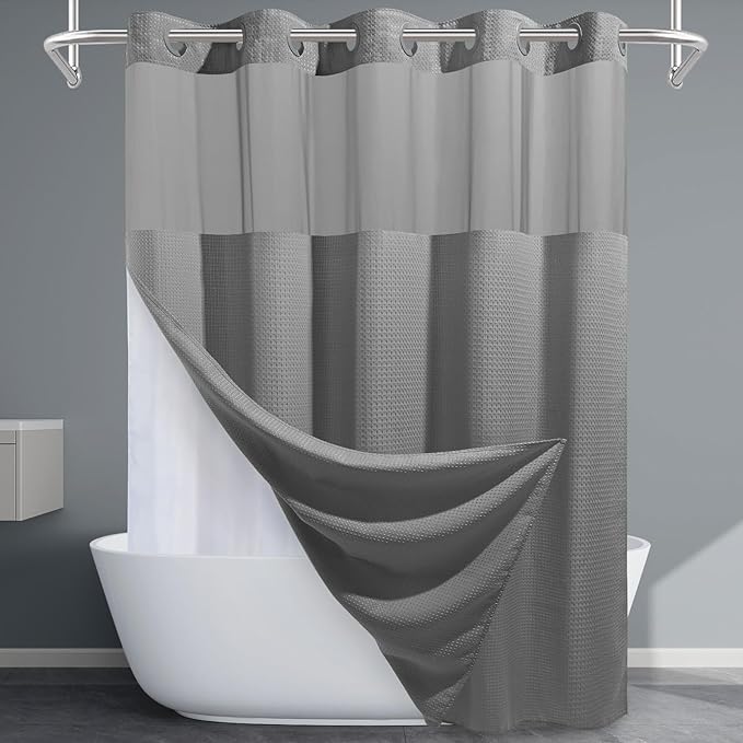 Grey Long Shower Curtain and Liner Set - 230GSM Waffle Weave Textured Heavy Duty,Hotel Luxury Weighted Bath Curtain,71W x 86H