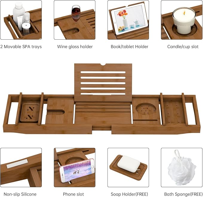 Bamboo Bathtub Tray for Luxury Bathroom, Expandable Premium Bath Tray with Soap Towel Book Holder, Luxury Spa Wooden Bath Table for Reading Laptop Over The Clawfoot Walnut