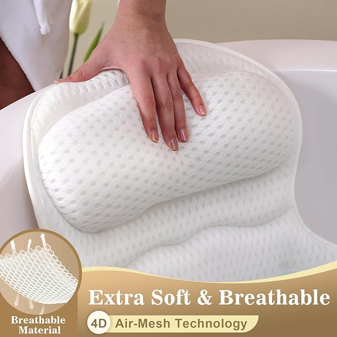 Bath Pillow Luxury Bathtub Pillow, Extra Soft & Comfortable Bath Pillows for Tub Head Neck and Back Support, with 4D Air Mesh Cushions & Non-Slip Suction Cups - Bath Accessories Spa Gifts for Women