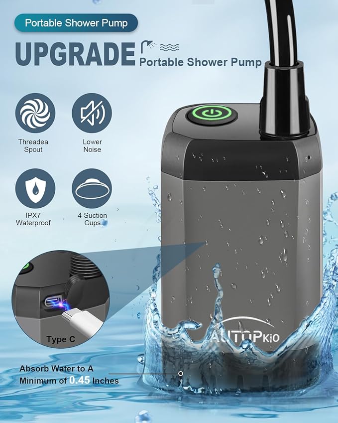 AUTOPkio Portable Camping Shower, 6000mAh Rechargeable Camp Shower Pump with USB Cable & Electric Outdoor Shower Head Sprayer for Camping, Hiking, Pet Bathing, Washing