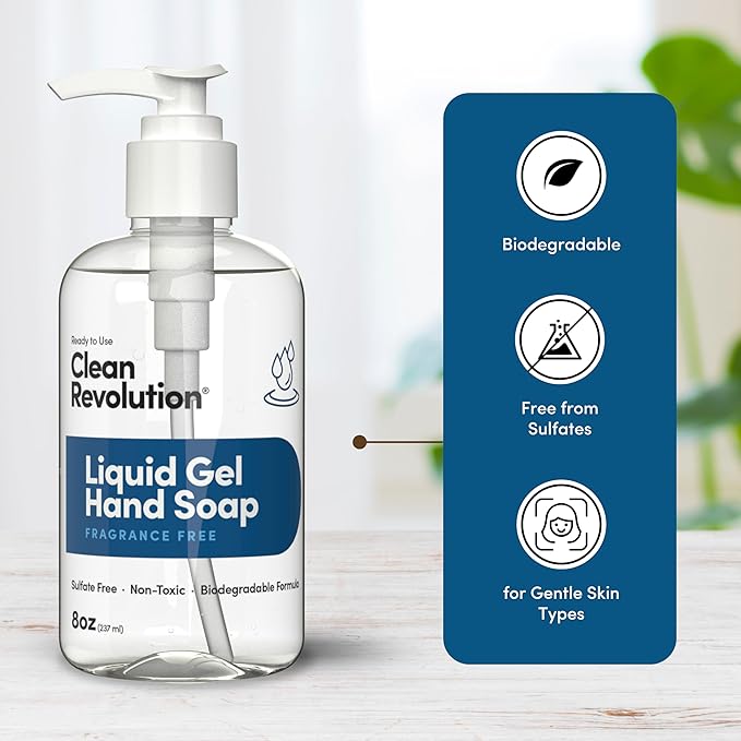 Clean Revolution Liquid Gel Hand Soap, Silky Rich Liquid, Quick Lather, Fast Rinsing (Fragrance Free) 8 Fl Oz (Pack of 2)