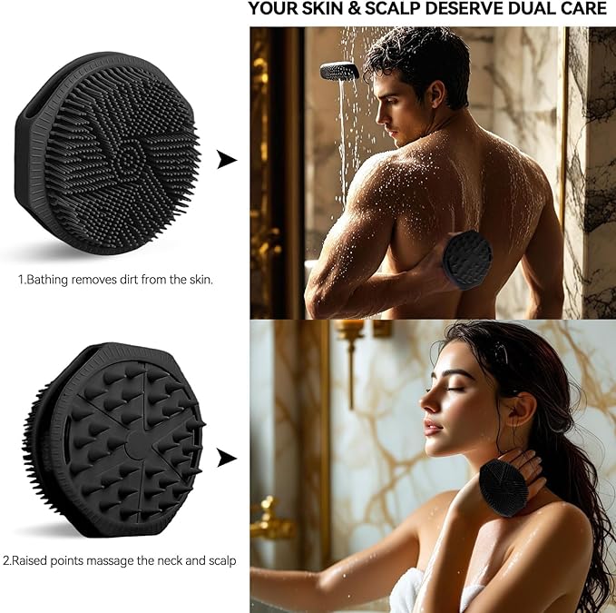 OTHIX Dual-Sided Silicone Body Scrubber, 2-in-1 Silicone Loofah for Shower Exfoliating Body Brush Buffer Scrubber for Men and Women for All Skin, Scalp Massager Lather Well＆Easy to Clean (Black)