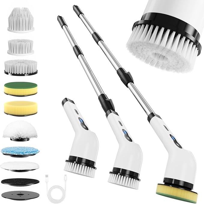 Electric Spin Scrubber, Ultimate Household Cleaning Brush with 90Min Runtime & 8 Heads & 2 Modes- 52in Electric Shower Scrubber Deep Clean for Bathroom Grout, Oven, Shower, Tile & Car, IPX6 Waterproof