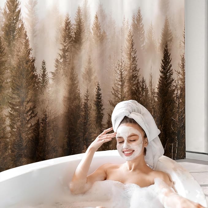 ORTIGIA Brown Misty Forest Shower Curtain for Bathroom, Nature Woodland Shower Curtain Set with Hooks, Decorative Pine Tree Fog Magic Bath Curtain for Home, Waterproof Fabric, Weighted, 72x72