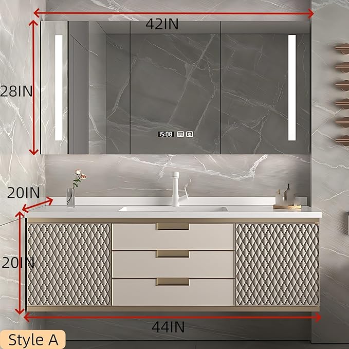 Modern Bathroom Vanity - Wall-Mounted Bathroom Cabinet with LED Light | Intelligent Defogging Mirror Cabinet Includes Time Display Function, 2 Drawers & 2 Storage Cabinets (Style A, 44IN)