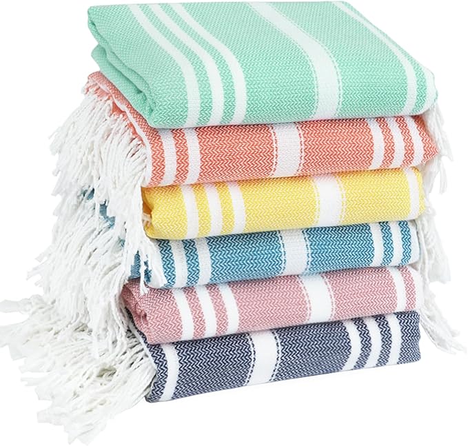 6 Pack Cotton Turkish Beach Towel Lightweight Thin Travel Vacation Essentials Oversized XL Towels Set for Pool Swim Bath Camping Cruise Accessories Absorbent Quick Dry Sand Free Bulk clearance Striped