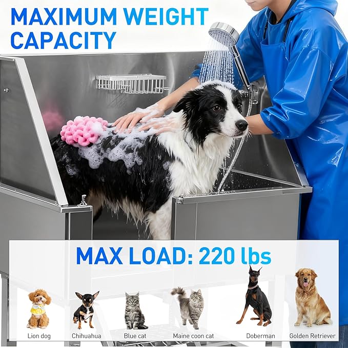 Redriver Stainless Steel Dog Washing Station, 38-Inch Dog Bathing Station Bath Tub, Pet Grooming Bath Tub with Left Ramp & Showerhead & Faucet & Soap Holder for Large Medium Pets (Up to 220LBS)