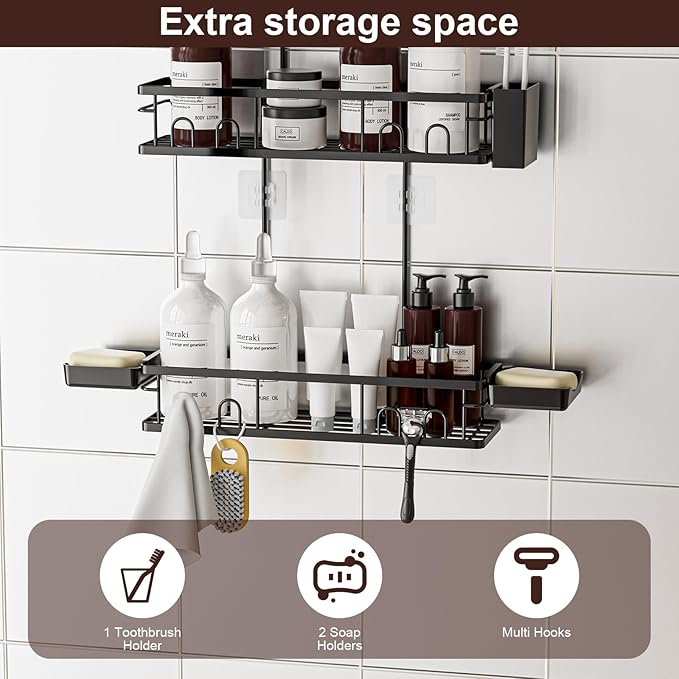 Shower Caddy Hanging, Rustproof Shower Shelves - No Drilling Inside Bath, Extended Length Shower Organizer with Soap Holder; Toothbrush Holder, Black