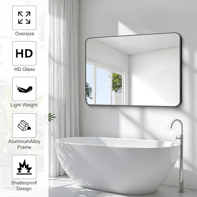 BONEWEI 36x48 inch Bathroom Mirror,Black Rectangle Mirror,Wall Mounted Bathroom Frame Vanity Mirror with Round Corner for Bedroom Living Room, Entryway Hangs Horizontal or Vertical