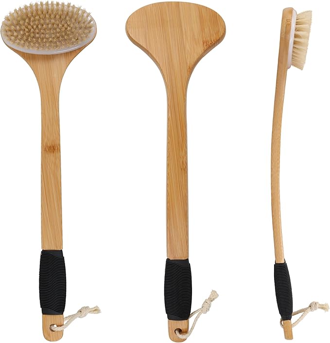 OWIIZI Back Scrub Brush for Shower,Stiff Boar Bristles Bamboo Curved Long Handle Antiskid Body Bath Brush for Back Use Wet or Dry,Deep Cleanse Large Surface Back Scrubber