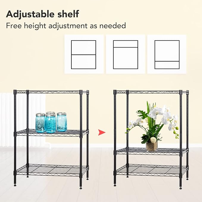 BestOffice 3-Shelf Adjustable Metal Storage Shelves Wire Shelving Unit Organizer Wire Rack 450Lbs Capacity for Small Places Kitchen Garage 23Lx13.2Wx30.2H,Black