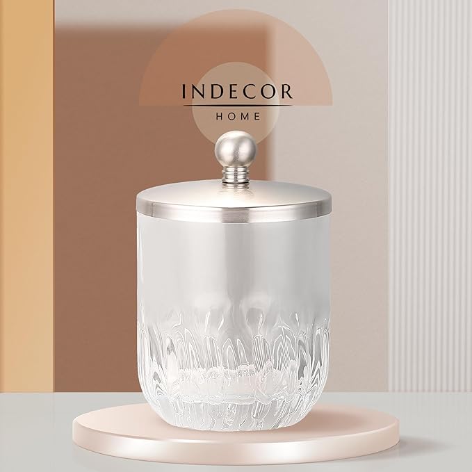 Glass Jar with Metal Lid for Bathroom Organization, Clear Apothecary Jar for Cotton Balls, Q Tips, and Small Accessories, Stylish Bathroom Storage Container Nickel