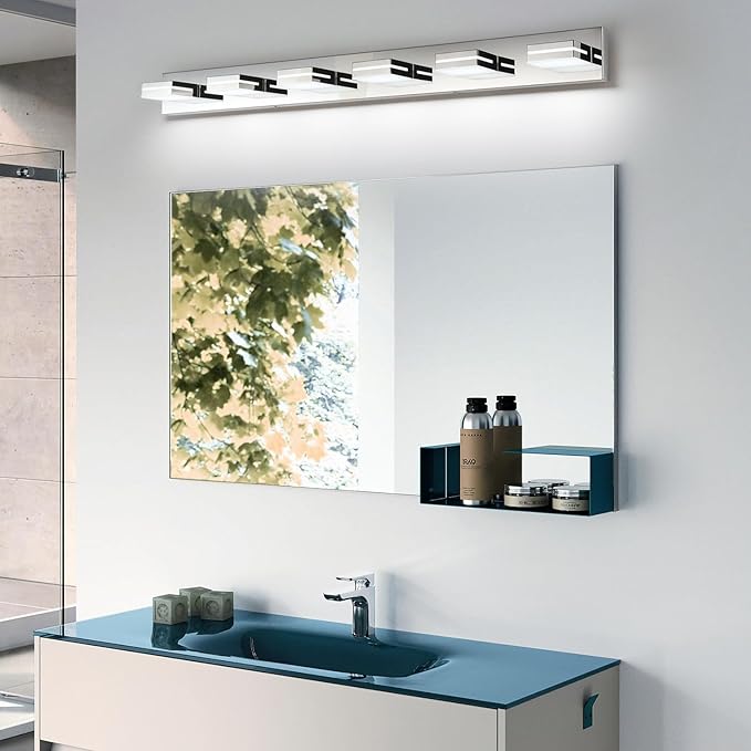 SineRise LED Modern Bathroom Vanity Light Fixtures (6-Light, 48-Inch), Chrome Modern Acrylic Bathroom Wall Lighting Fixtures Over Mirror (Cool White 6000K)
