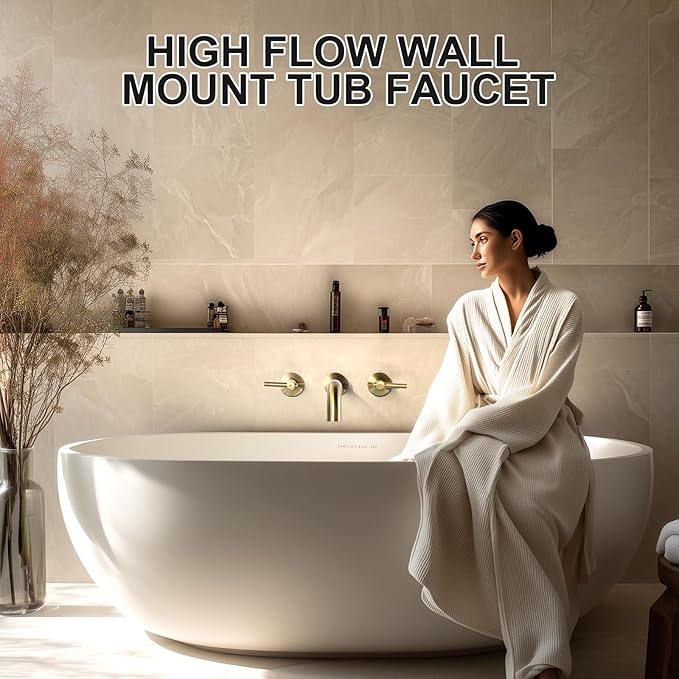 ALEASHA Wall Mount Tub Filler Tub Faucet High Flow Bathtub Faucets Two Handles Solid Brass, 12" Long Spout Reach, Brushed Gold