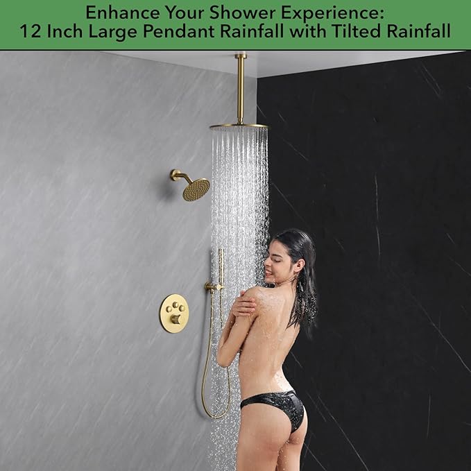 VANFOXLE Thermostatic Shower Faucet Set Brushed Gold Shower System,Push Button Diverter Shower Faucet with 2 in 1 Handheld,Ceiling Mount Increased Thickness 12 Inch Shower Head with 6 Inch Shower Head