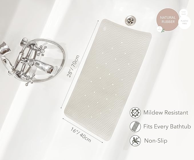 HEVEA Natural Rubber Wave Bath Mat – Long 28 × 16 in - Non-Slip Shower & Bathtub Mat with 388 Suction Cups, Plastic-Free & Biodegradable (Marble)
