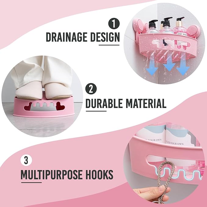 TAILI Corner Shower Caddy with Suction Cups, Wall Mounted Organizer Plastic Rack for Small Bathrooms, Kitchen, Removable Drill-Free Heavy Duty Shelf Basket, PINK