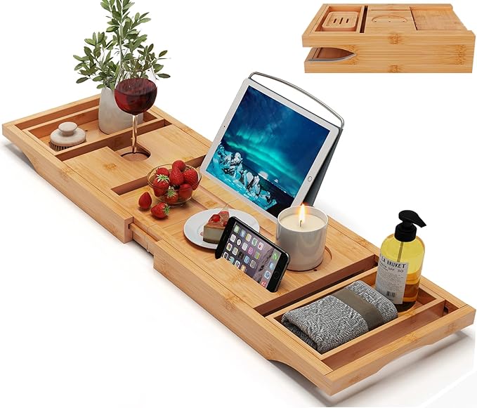 Bamboo Bathtub Caddy Tray Expandable for Luxury Bath, Bath Accessories & Table with Wine Glass Holder, Book Stand Bathroom Organizer with Extending Sides for Men/Women,Natural