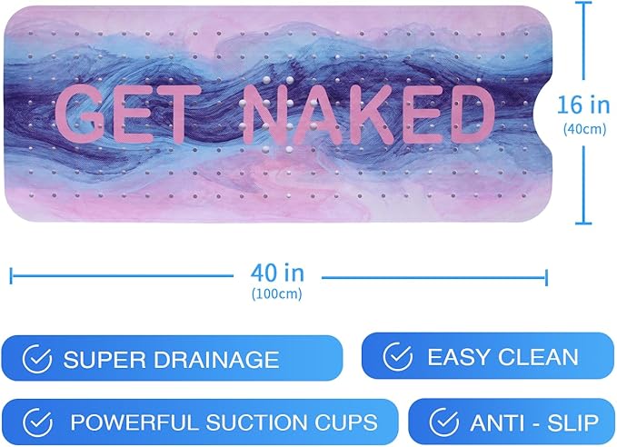 Pink Blue Bathtub Mat Non Slip 40x16in Extra Long Marble Bath Mat for Tub Funny Quotes Anti Slip Shower Mat for Bathroom with Large Drain Holes and Suction Cups Quality Bath Mats and Bathtub Decor