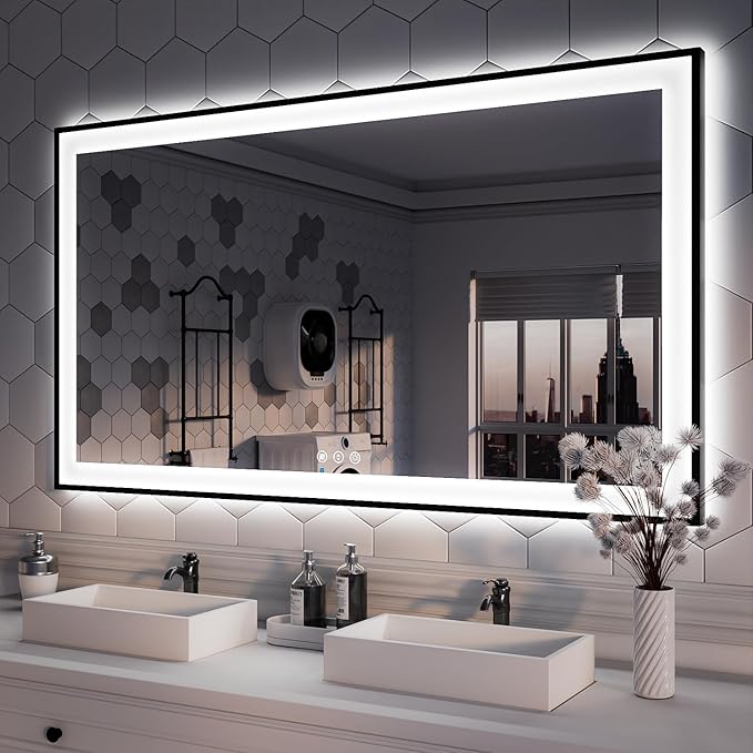ISKM Framed LED Mirror for Bathroom 55"x30", Dimmable LED Bathroom Mirror with Lights, Anti-Fog, Front and Backlit Lighted Mirror 3-Colors, Shatterproof, Memory Function