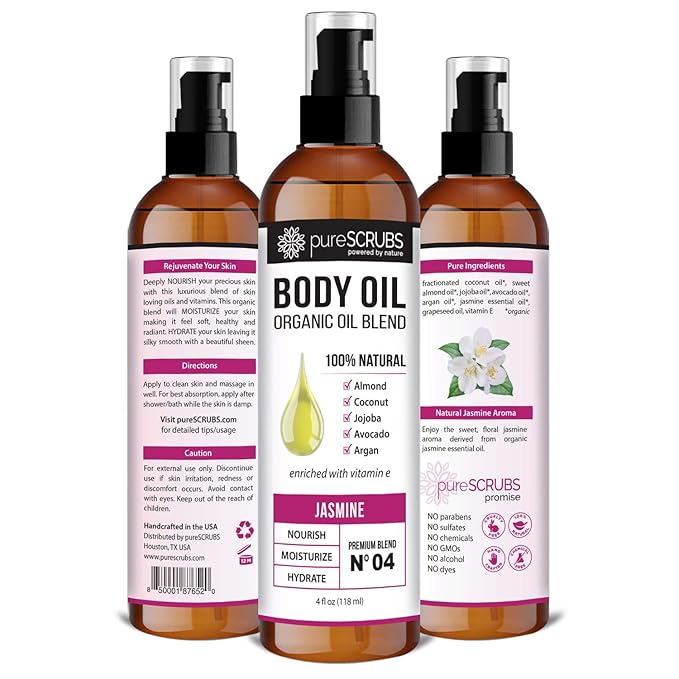 pureSCRUBS Ultra Moisturizing Jasmine Body Oil Spray for Dry Skin, Massage, Cuticles & More - Organic Super Blend of Jojoba, Argan, Coconut, Sweet Almond & Avocado Enriched with Vitamin E, Lg 4oz