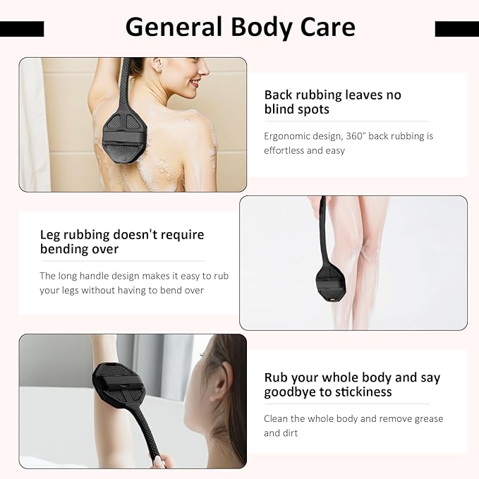 3PCS Extender Handle Set,17in Lengthen Detachable Long Handle Back Brush*1,Silicone Body Scrubber for Gentle Exfoliating and Massage Can Produce Rich Foam*2,Long Handle Back Scrubber for Men (Black)