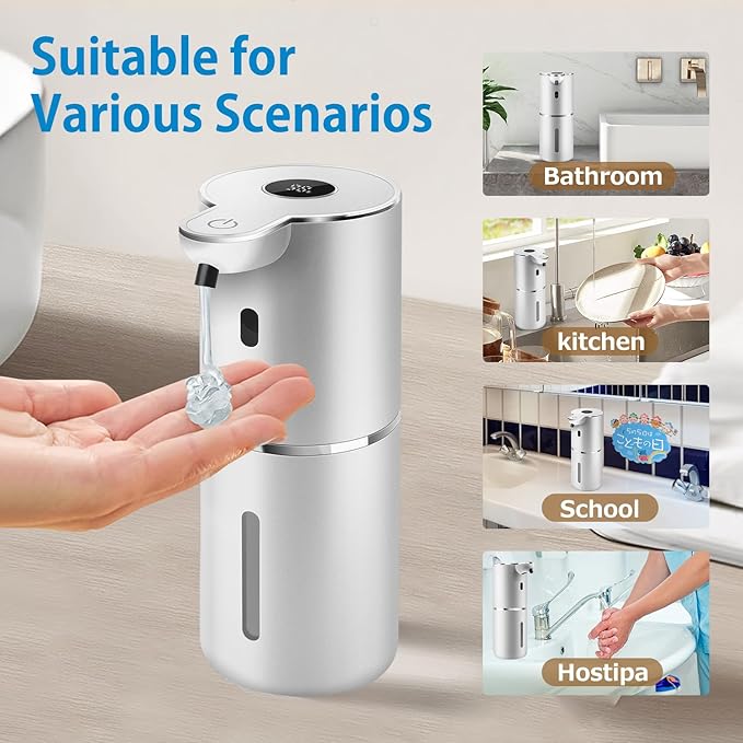Automatic Liquid Soap Dispenser 12.8oz, Rechargeable & 6 Levels Soap Adjustable with Digital Display, Wall Mount, Waterproof, Touchless Hand/Dish Soap Dispenser for Kitchen, Bathroom, Hotel