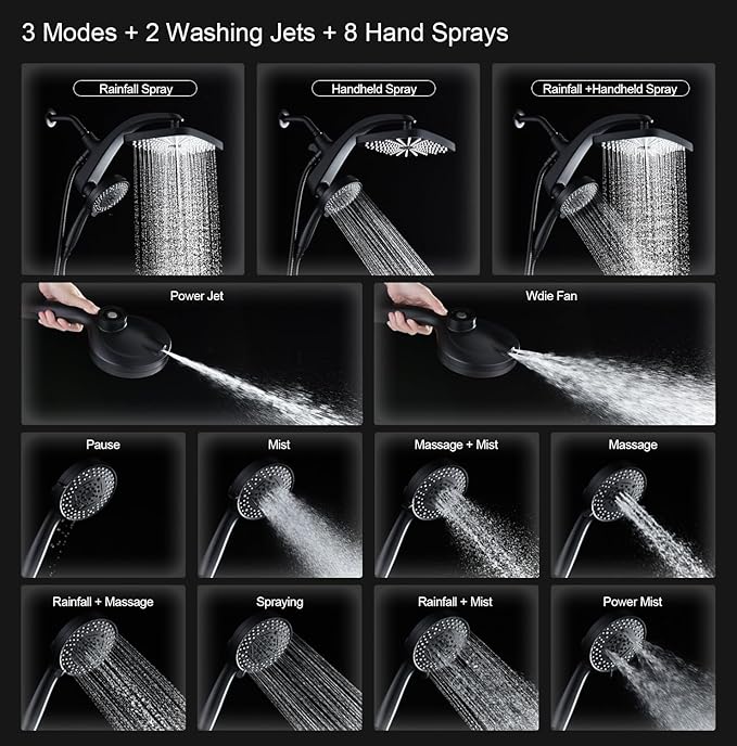 High Pressure Rain Shower Head: Upgrade Shower Heads with Handheld Spray Combo with Fixed Showerhead and 10 Sprays Handheld Shower Head, Detachable Showerheads Built-in Magnetic Docking and Power Jets