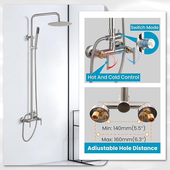 gotonovo Outdoor Shower Fixtures SUS304 Stainless Steel Rain Shower Kit Faucet High Pressure Wall Mount 2 Dual Function 8 Inch Showerhead and Handheld Spray Combo, Double Lever Handle, Brushed Nickel