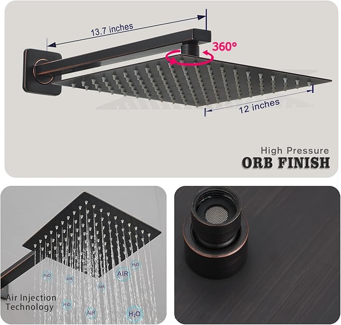 Oil Rubbed Bronze rain Shower Faucet Set Shower System 12 Inches Square Shower Head with Handheld, Waterfall Showerhead, All Metal Shower Faucet Trim Repair Kits (Contain Shower Valve)